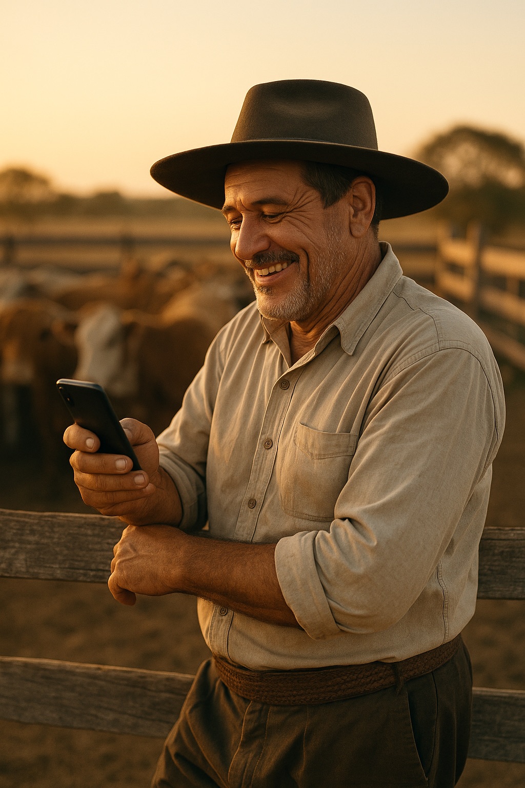 Produtor rural sorrindo enquanto usa o celular