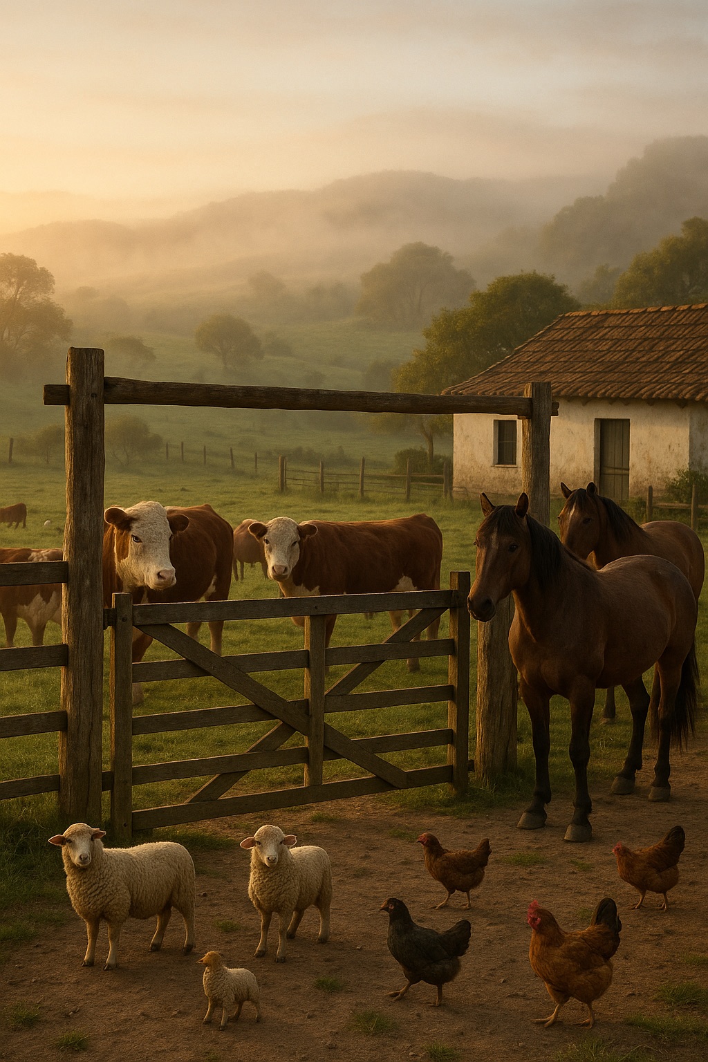 Bois, cavalos, ovelhas e galinhas junto à porteira da estância